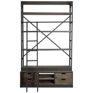 Brown Wood Shelving Unit With Gun Metal Ladder And 4 Shelves