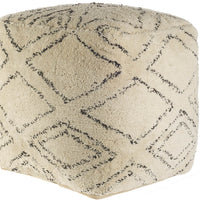 Beige Cotton Square Pouf with Argyle Pattern