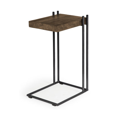 L-Shaped Medium Brown Wood Side Table With Black Metal Frame