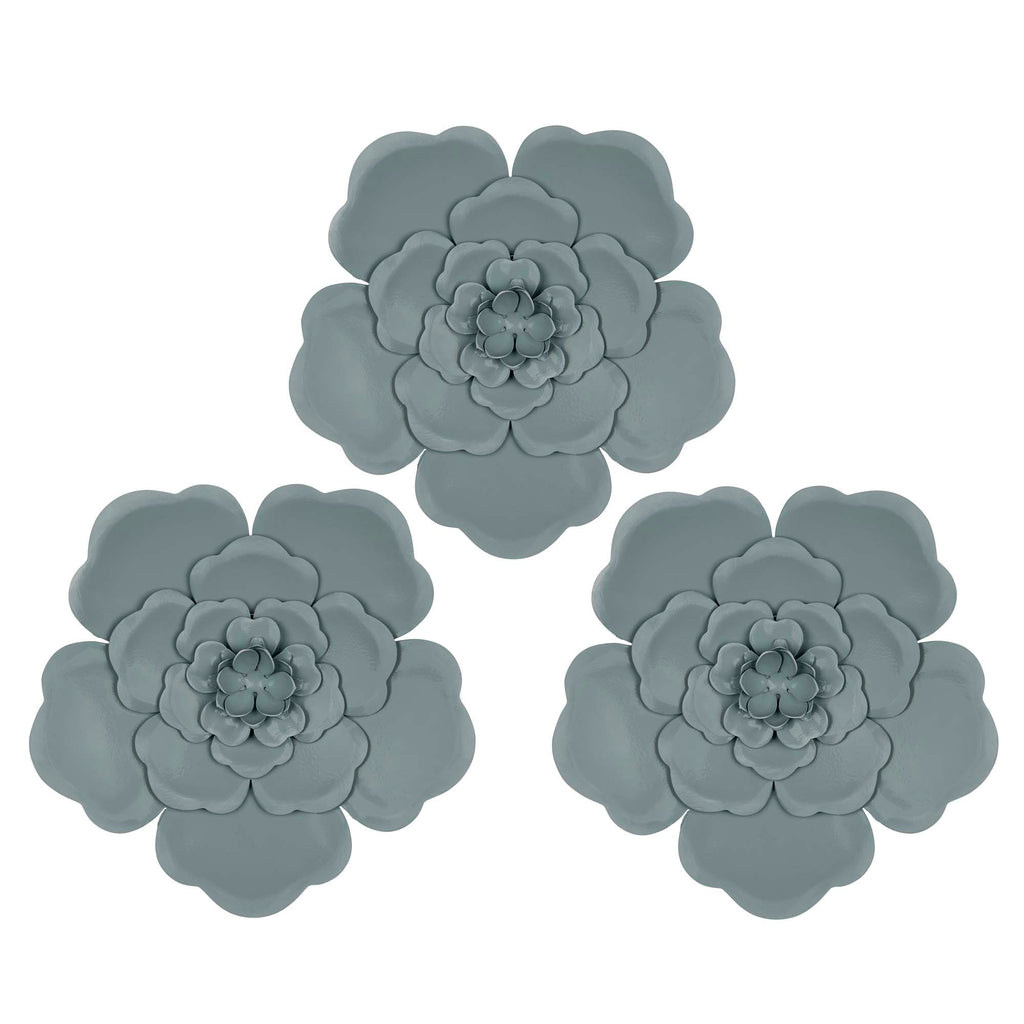 Set of 3 Blue Metal Flowers Wall Décor