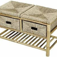 Rectangular Brown Bench Bamboo Frame with 2 Basket Weave Drawers and Bottom Shelf