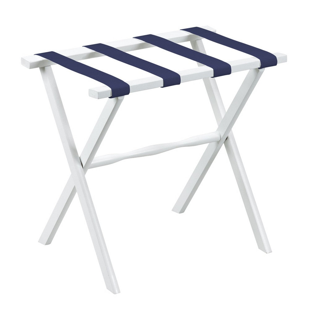 White Wood Straight Leg Luggage Rack with 4 Navy Nylon Straps