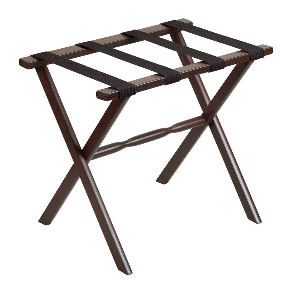 Dark Walnut Wood Straight Leg Luggage Rack with 4 Black Nylon Straps