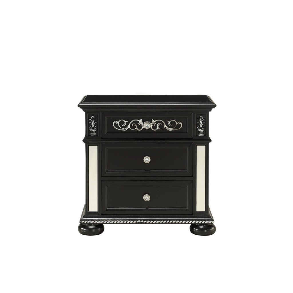 Black Jewel Heirloom Appearance Nightstant with Intricate Carvings Mirrored Accents 2 Drawer