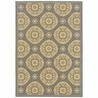 6' x 9' Grey Gold Floral Medallion Discs Indoor Outdoor Area Rug