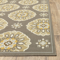 6' x 9' Grey Gold Floral Medallion Discs Indoor Outdoor Area Rug