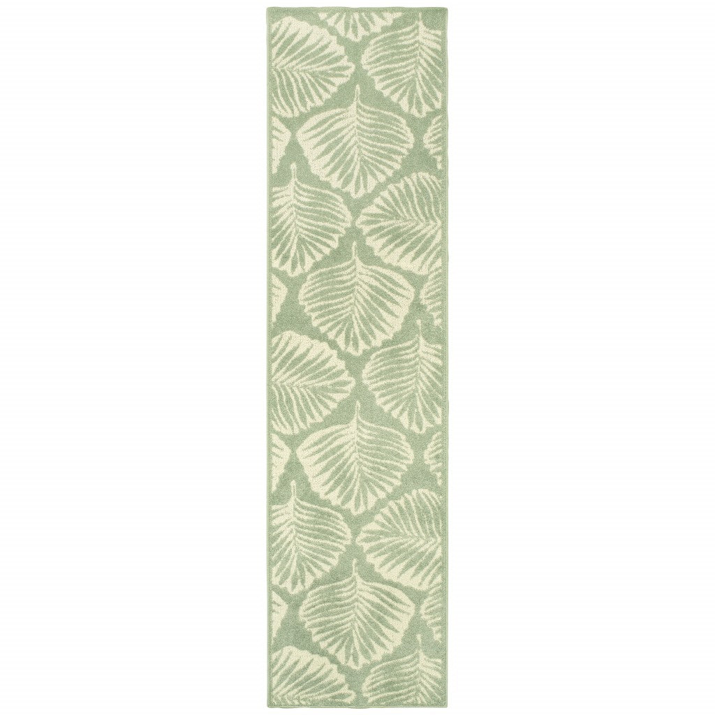 8' Tropical Light Green Ivory Palms Indoor Outdoor Runner Rug