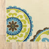 8' Ivory Indigo and Lime Medallion Disc Indoor Outdoor Runner Rug