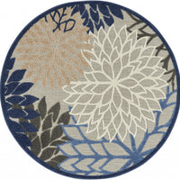 5’ Round Blue Large Floral Indoor Outdoor Area Rug