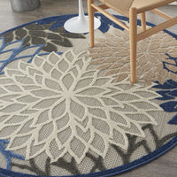 5’ Round Blue Large Floral Indoor Outdoor Area Rug