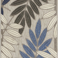 2’ x 10’ Gray and Blue Leaves Indoor Outdoor Runner Rug