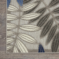 2’ x 10’ Gray and Blue Leaves Indoor Outdoor Runner Rug