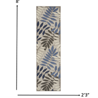 2’ x 8’ Gray and Blue Leaves Indoor Outdoor Runner Rug