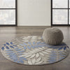 4’ Round Gray and Blue Leaves Indoor Outdoor Area Rug