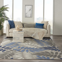 7’ x 10’ Gray and Blue Leaves Indoor Outdoor Area Rug