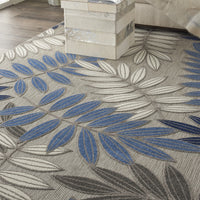 7’ x 10’ Gray and Blue Leaves Indoor Outdoor Area Rug