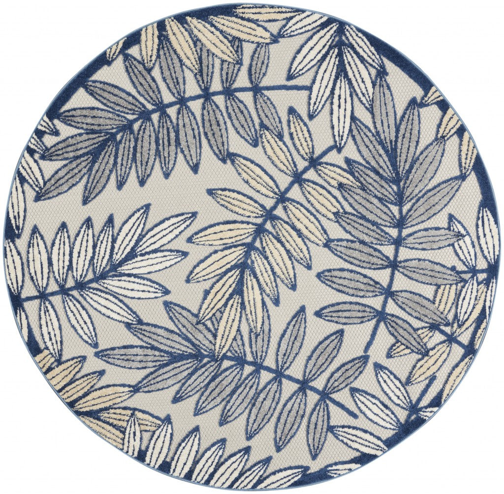 4’ Round Ivory and Navy Leaves Indoor Outdoor Area Rug