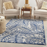 6’ x 9' Ivory and Navy Leaves Indoor Outdoor Area Rug