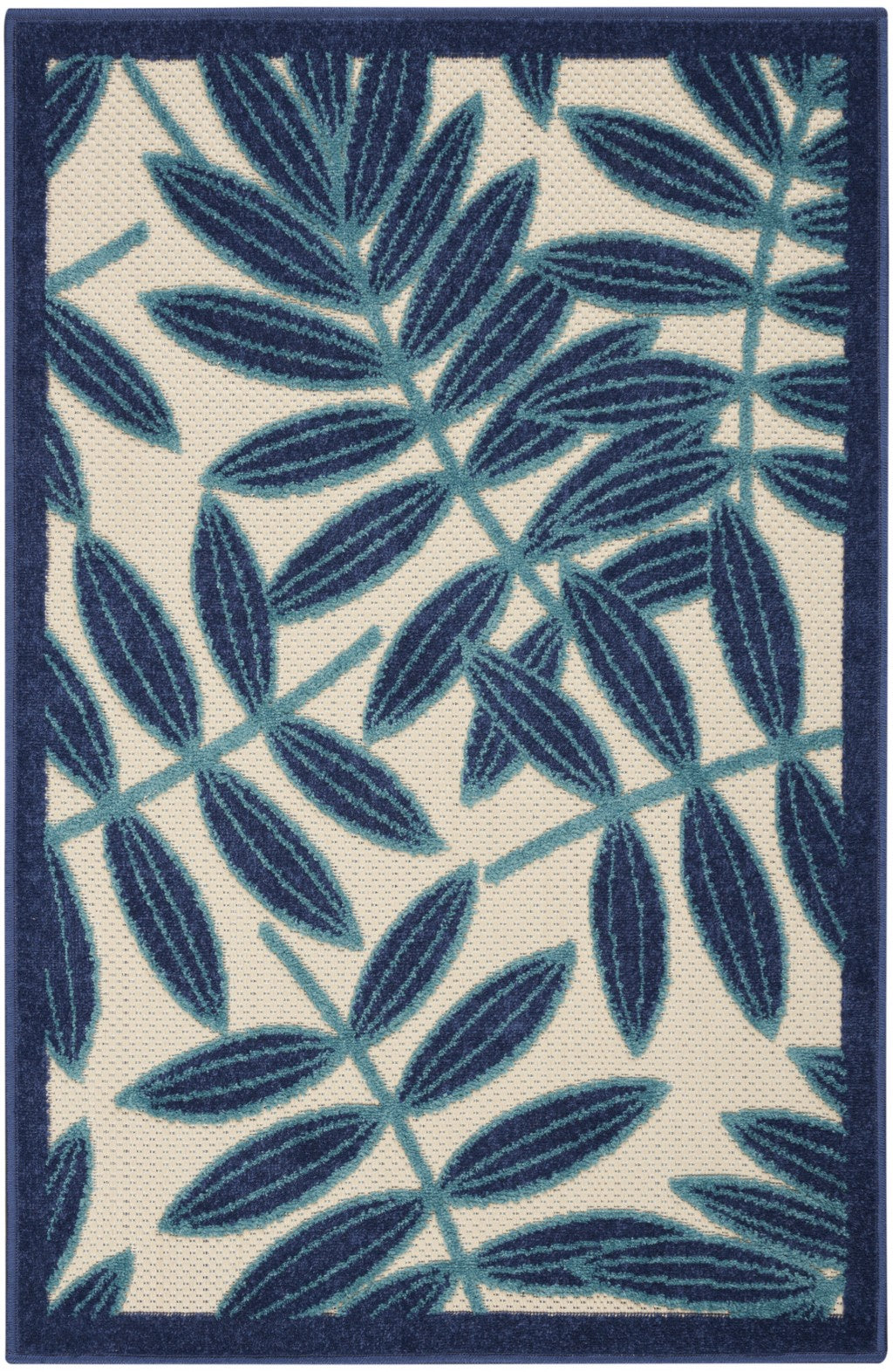 3’ x 4’ Navy and Beige Leaves Indoor Outdoor Area Rug