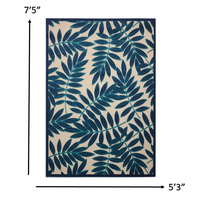 5’ x 8’ Navy and Beige Leaves Indoor Outdoor Area Rug