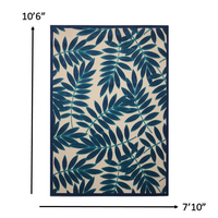 8’ x 11’ Navy and Beige Leaves Indoor Outdoor Area Rug