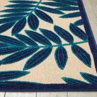 8’ x 11’ Navy and Beige Leaves Indoor Outdoor Area Rug