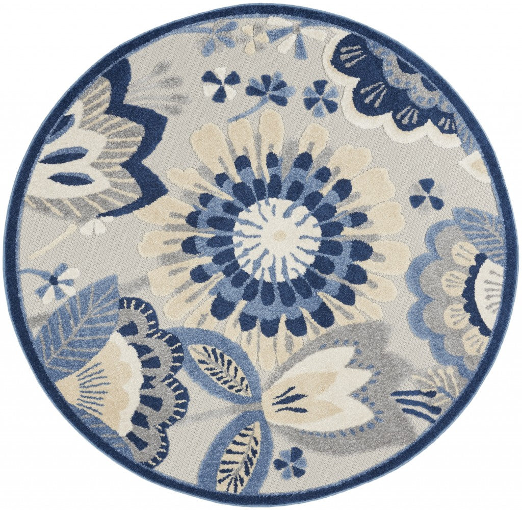 4’ Round Blue and Gray Indoor Outdoor Area Rug