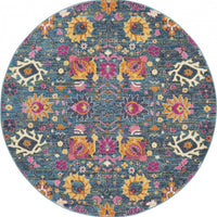 4’ Round Denim Blue Florals Distressed Area Rug