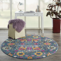 4’ Round Denim Blue Florals Distressed Area Rug