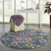 5’ Round Denim Blue Florals Distressed Area Rug