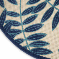 4’ Round Navy and Beige Leaves Indoor Outdoor Area Rug