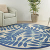 8’ Round Navy and Beige Leaves Indoor Outdoor Area Rug