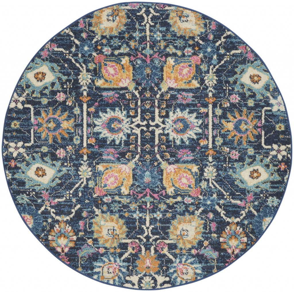 5’ Round Navy Blue Floral Buds Area Rug