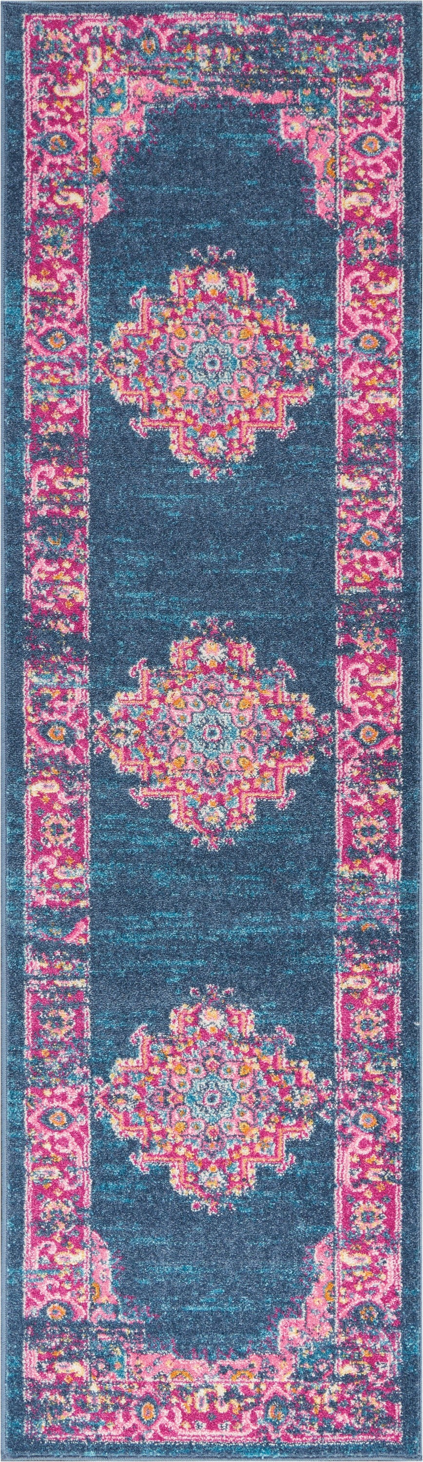 2’ x 10’ Blue and Pink Medallion Runner Rug