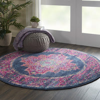 4’ Round Blue and Pink Medallion Area Rug