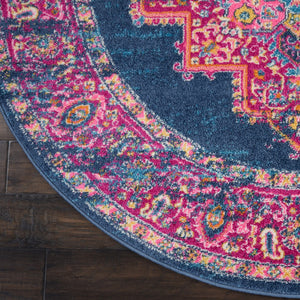 8’ Round Blue and Pink Medallion Area Rug