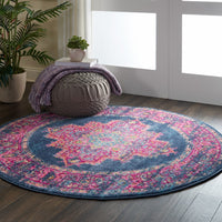 8’ Round Blue and Pink Medallion Area Rug