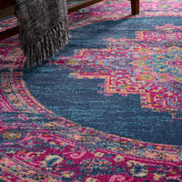 8’ Round Blue and Pink Medallion Area Rug