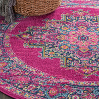 4’ Round Fuchsia and Blue Distressed Area Rug