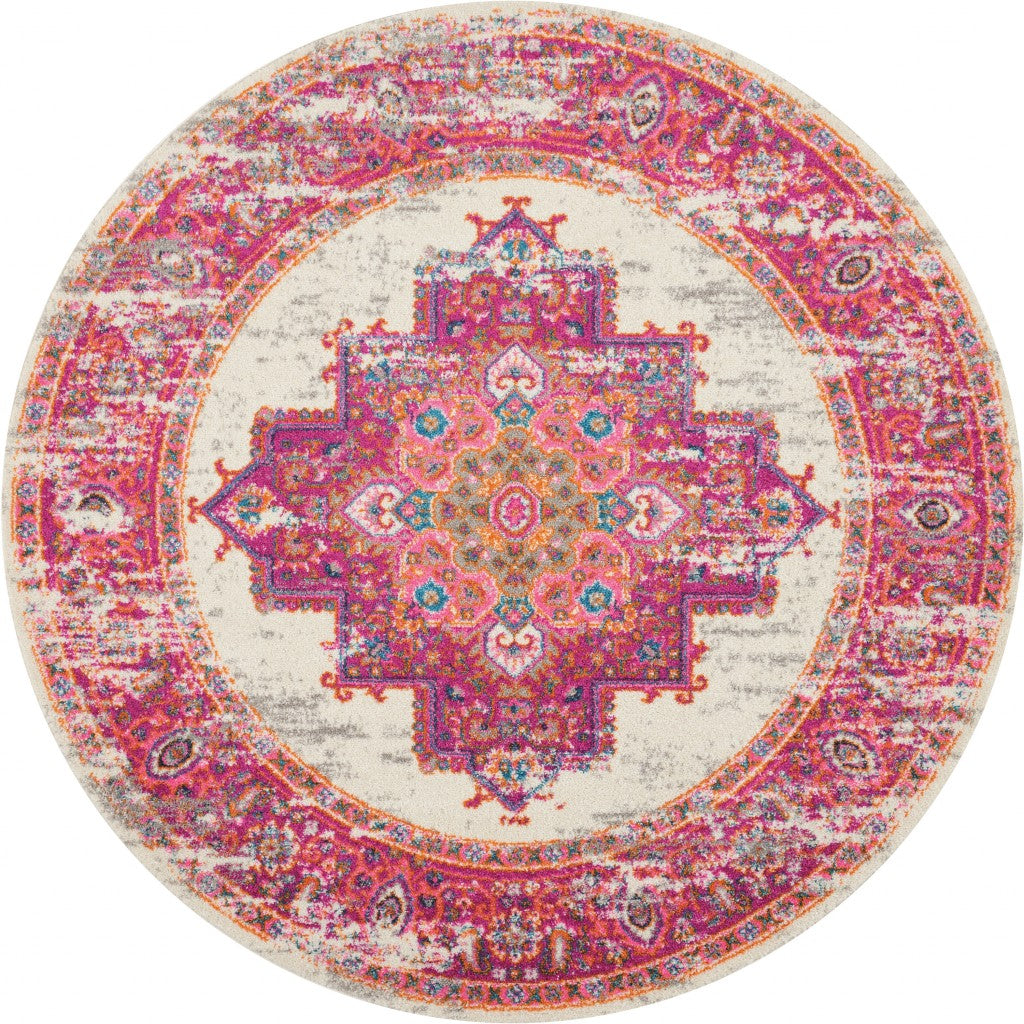 4’ Round Ivory and Fuchsia Distressed Area Rug