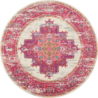 5’ Round Ivory and Fuchsia Distressed Area Rug