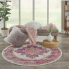 5’ Round Ivory and Fuchsia Distressed Area Rug