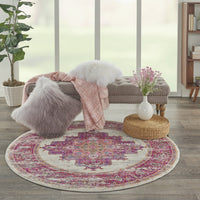 5’ Round Ivory and Fuchsia Distressed Area Rug