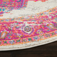 5’ Round Ivory and Fuchsia Distressed Area Rug