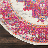 5’ Round Ivory and Fuchsia Distressed Area Rug