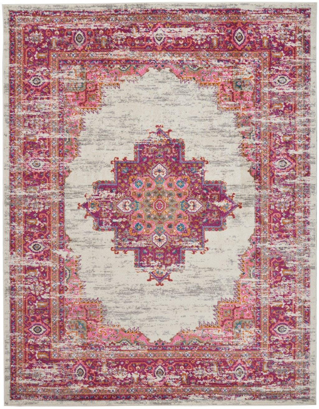 8’ x 10' Ivory and Fuchsia Distressed Area Rug