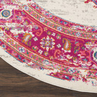 8’ Round Ivory and Fuchsia Distressed Area Rug