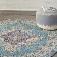 5’ Round Light Blue Distressed Medallion Area Rug