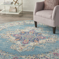 8’ Round Light Blue Distressed Medallion Area Rug