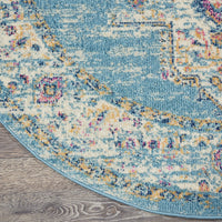 8’ Round Light Blue Distressed Medallion Area Rug